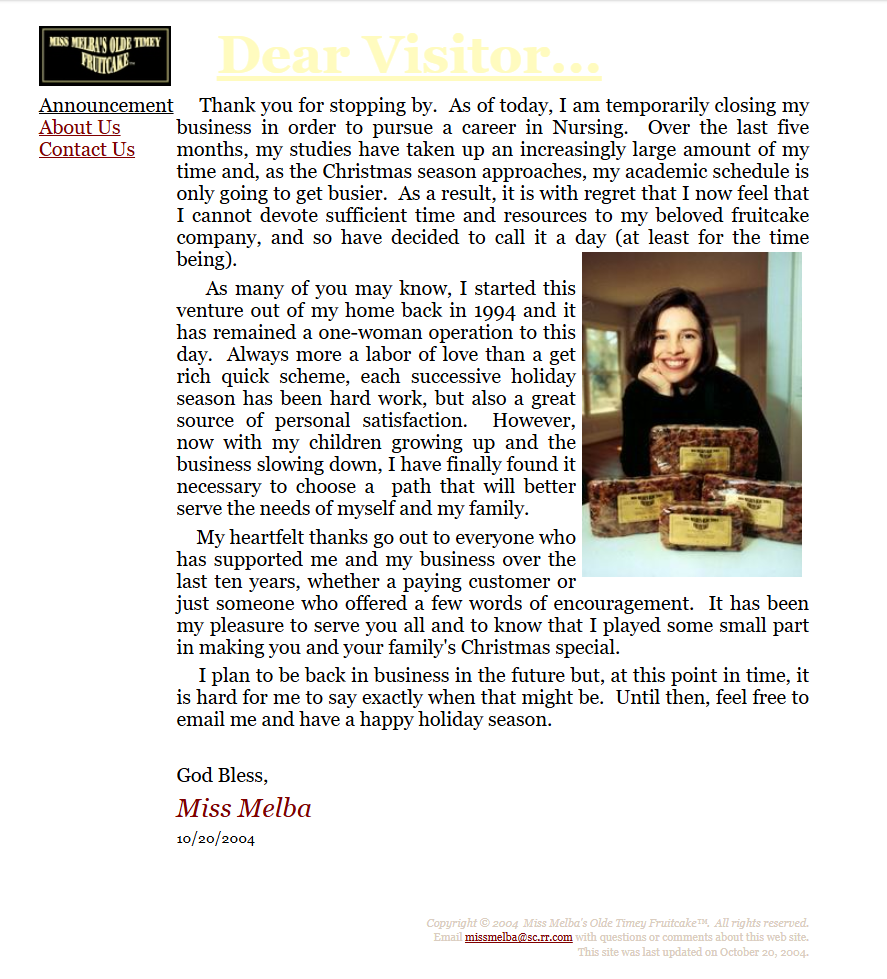Miss Melba's original farewell announcement from 20 years ago - Miss Melba's dedication to authentic fruitcake making in Columbia SC